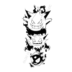 May include: Black and white illustration of three ghost-like Pokemon characters. The characters are stacked on top of each other, with the largest character at the top and the smallest character at the bottom. The characters have large, expressive eyes and wide, toothy grins.