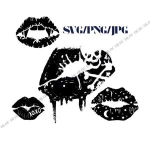 Labbra Design x4 File Clip Art PNG SVG JPG Download Digitale Arte Carta Zanne di Vampiro Teschi Xoxo