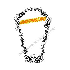May include: A black and white illustration of a skull surrounded by a circle of bones. The text "SVG/PNG/JPG" is written in yellow letters inside the circle.