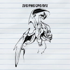 May include: Black and white illustration of a dragon with large wings, claws, and a detailed head. The image is a line drawing with the text "SVG/PNG/JPG/DFX" at the top.