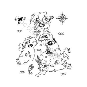 May include: A black and white line drawing of the United Kingdom with various animals and symbols. The animals include a puffin, a seagull, a seal, a hedgehog, a rabbit, and an orca. The symbols include a compass, a tent, a lighthouse, and a ship.