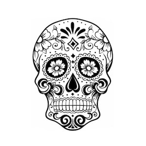 Può includere: Illustrazione in bianco e nero di uno scheletro di zucchero con intricati disegni floreali e un naso a forma di cuore.