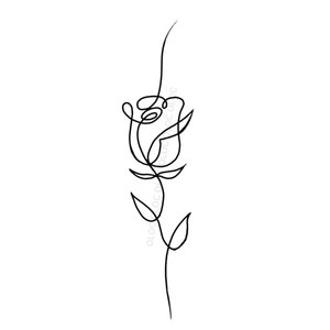 May include: A single line drawing of a rose with a stem and leaves.