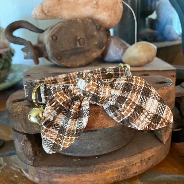 Cat Collar & Bow EARTHY PLAID  Handmade Customizable Breakaway Soft Cat Collars