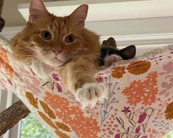 Op de afbeelding: Een oranje tabby kat en een zwart-witte kat rusten in een kattenhangmat met bloemenpatroon. De hangmat heeft een witte, donzige rand en hangt bij een raam. De oranje kat kijkt naar de camera.
