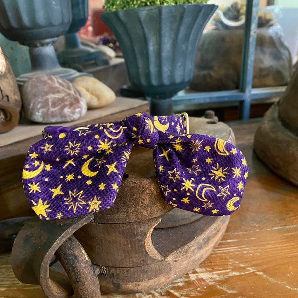 Cat Collar &  Bow  WIZARD Purple and Golden Yellow  Handmade Customizable Breakaway Soft Cat Collars