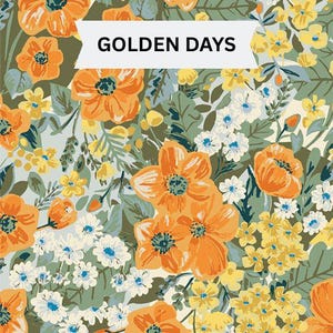 Pu&ograve; includere: Un motivo floreale con fiori arancioni, gialli e bianchi e foglie verdi su sfondo chiaro. Un banner bianco al centro mostra il testo GOLDEN DAYS in lettere maiuscole nere, sovrapposto all'illustrazione botanica.
