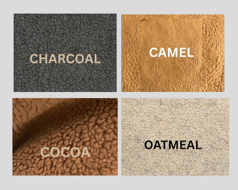 Pu&ograve; includere: Una griglia a quattro pannelli che mostra campioni di tessuto in pile sherpa testurizzato in diversi colori. In alto a sinistra &egrave; charcoal, in alto a destra camel, in basso a sinistra cocoa e in basso a destra oatmeal, con etichette.