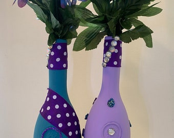 Wine Bottle|Decor|Home Decor|Purple|Pooka Dots |Hand paint|Spots|Stones decor|Flower vase|Glass|Bottle|Blue Decor