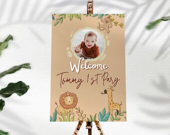 Letrero de bienvenida para cumpleaños en la jungla, fiesta safari, personalizable (descarga instantánea)