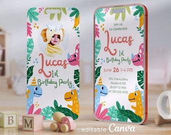 Invitación de cumpleaños de dinosaurio: Safari en la jungla (plantilla editable de Canva)