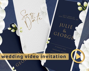 Video de invitación de boda con orquídeas: Reserva la fecha en azul marino (MP4 digital)