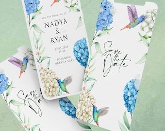 Invitación de boda con hortensias y colibrí: Reserva la fecha en acuarela (video-invitación)