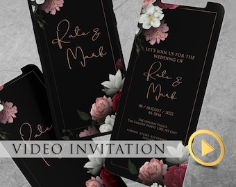 Elegante video de invitación de boda con rosas negras: Reserva la fecha con flores (MP4 digital)