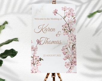 Letrero de bienvenida para boda con diseño de flor de cerezo: Plantilla personalizable (descarga instantánea)