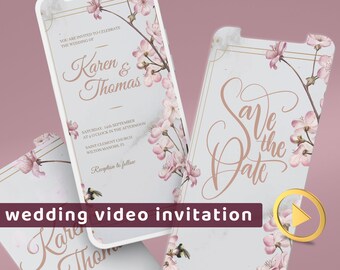 Vídeo de invitación de boda, Natural Guardar la fecha, Flor de cerezo, Personalizable, Personalización