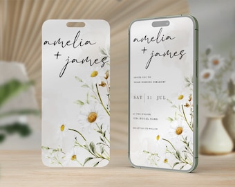 Video de invitación de boda de margarita minimalista boho, invitación electrónica de reserva de fecha natural de primavera, personalizable, personalización