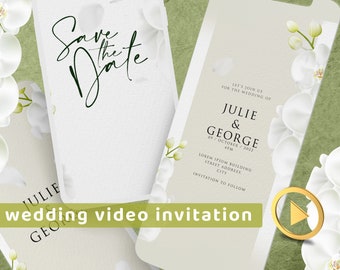 Video minimalista de invitación de boda de flores de orquídea blanca, invitación electrónica natural para guardar la fecha, personalizable, personalización