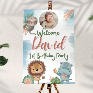 Cute Zoo Jungle Birthday Party Welcome Sign Lion Monkey hippopotamus Cartoon Animation Safari Sign Boho Pampas Canva EDITABLE Template