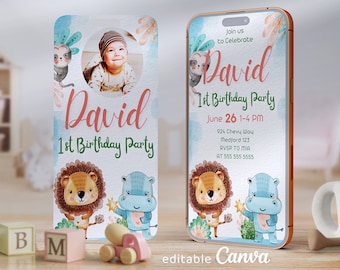Invitación de primer cumpleaños de animales del zoológico: temática de safari, plantilla editable de Canva