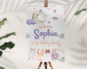 Letrero de bienvenida de cumpleaños con diseño de conejito, luna y estrella: Decoración de acuarela para fiesta (Plantilla editable)