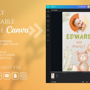 Puede incluir: Plantilla Canva editable para una invitaci&oacute;n a una fiesta de cumplea&ntilde;os de 2 a&ntilde;os. La plantilla presenta una foto de un beb&eacute;, un oso de peluche, globos y el texto "EDWARD 2th Party!" en un esquema de color verde y marr&oacute;n.