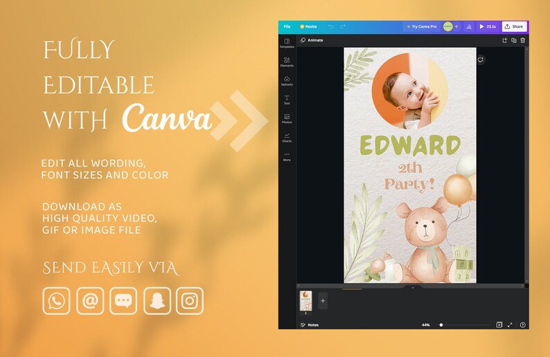Puede incluir: Plantilla Canva editable para una invitaci&oacute;n a una fiesta de cumplea&ntilde;os de 2 a&ntilde;os. La plantilla presenta una foto de un beb&eacute;, un oso de peluche, globos y el texto "EDWARD 2th Party!" en un esquema de color verde y marr&oacute;n.