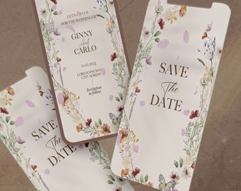 Video invitación digital para guardar la fecha de boda con flores silvestres estilo bohemio