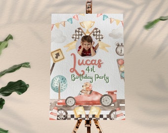 Letrero de bienvenida de cumpleaños de coche de carreras, plantilla editable de Canva