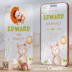 Puede incluir: Una invitaci&oacute;n imprimible para una fiesta de cumplea&ntilde;os n&uacute;mero 2 con tem&aacute;tica de osito de peluche. La invitaci&oacute;n presenta una foto de un beb&eacute;, un osito de peluche sosteniendo un globo y el texto "Join us to Celebrate EDWARD 2th Party! June 26 1-4 PM 924 Chevy Way Medford 123 RVSP TO MIA AT 555 555 5555".