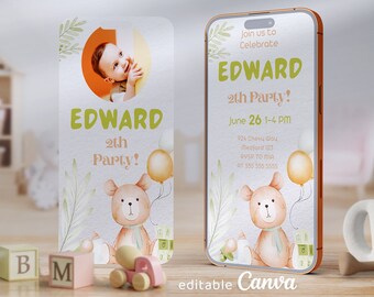 Invitación de cumpleaños de osito de peluche: vegetación bohemia, plantilla editable de Canva