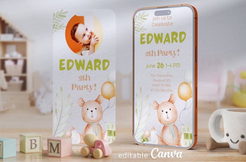 Puede incluir: Una invitaci&oacute;n imprimible para una fiesta de cumplea&ntilde;os n&uacute;mero 2 con tem&aacute;tica de osito de peluche. La invitaci&oacute;n presenta una foto de un beb&eacute;, un osito de peluche sosteniendo un globo y el texto "Join us to Celebrate EDWARD 2th Party! June 26 1-4 PM 924 Chevy Way Medford 123 RVSP TO MIA AT 555 555 5555".