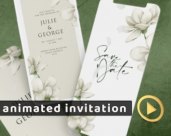 Invitación de boda minimalista con flores blancas en video, invitación electrónica con fecha natural, personalizable, personalización