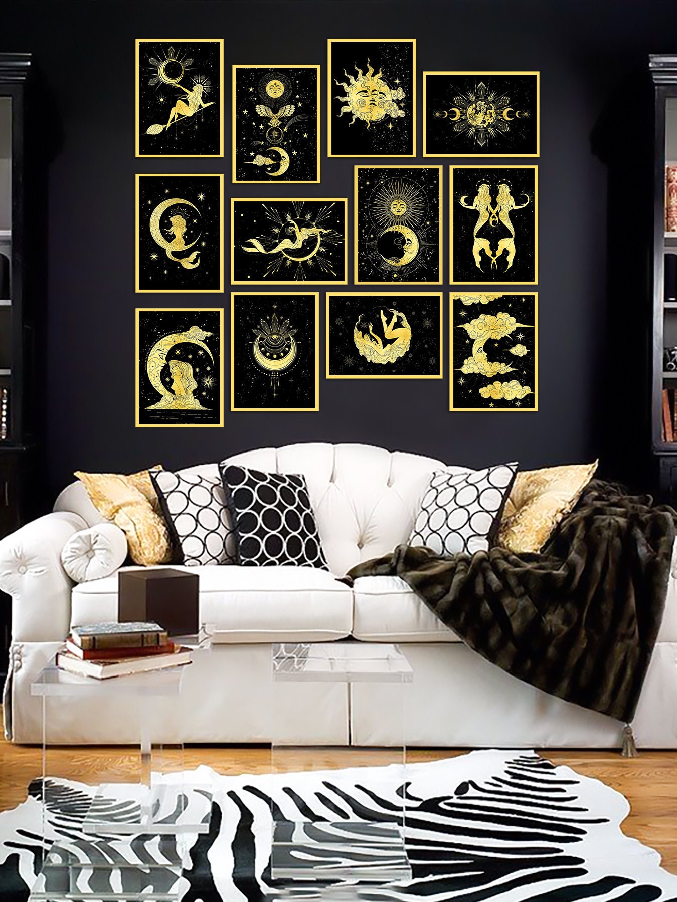 Cosmic Wall Prints Zodiac Sign Wall Decor Golden Frames Set of 12 Wall