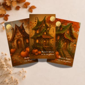 Peut inclure: Trois cartes rectangulaires illustrant des maisons aux toits moussus, fenêtres éclairées et citrouilles. La carte centrale porte le texte "Monsieur Librairie 15 rue des potirons" et la carte de droite "Monsieur Ronron 9 bis rue des potirons."