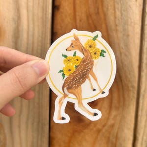 Cute Deer Sticker, Deer and Yellow Flower Sticker, Animal Sticker, Gift for Her, Laptop Sticker, Waterbottle Sticker
