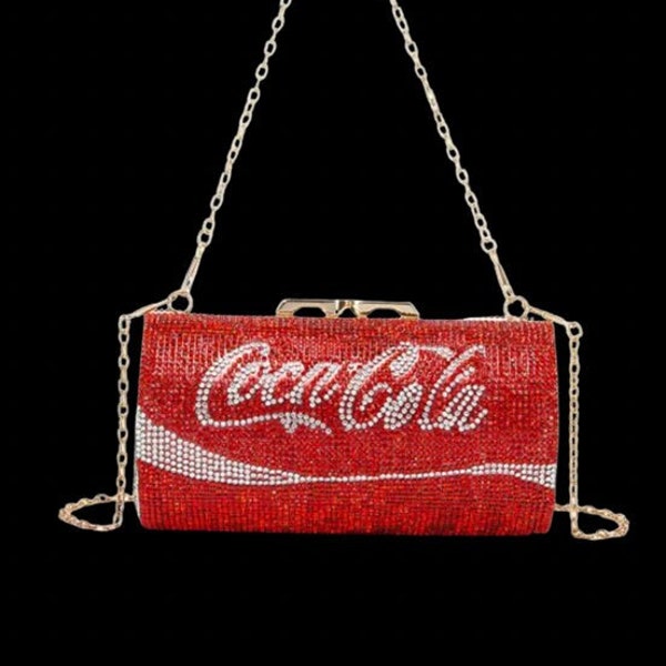 Women Fashion Diamond Bling Coca-Cola Handbag, Shoulder Bag, Chain Cross Body