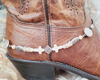 Cross Boot Bracelet is Handmade from Bone Cross and Silver Color beads, Boot Bling, Boot Anklet, Cowboy Cowgirl Boot Decoration