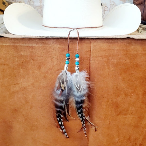 Leather Cord Hat Band with feathers hatband: Brown, Black, Grey, Turquoise or Natural Color, Western Cowboy Hat Band for Cowboy, Cowgirl