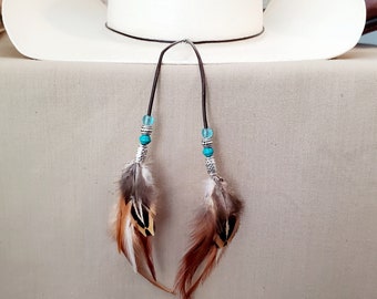 Leather Cord Hat Band with feathers  in Brown, Black, Turquoise, Gray, or Natural Leather Cord, Western