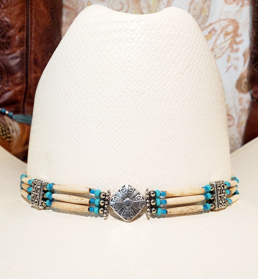 8365 Western Eagle Concho Turquoise Wood Bead Adjustable Hat Band With Bolo Western Turquoise Concho Beaded Hat Band | eBay main image 3