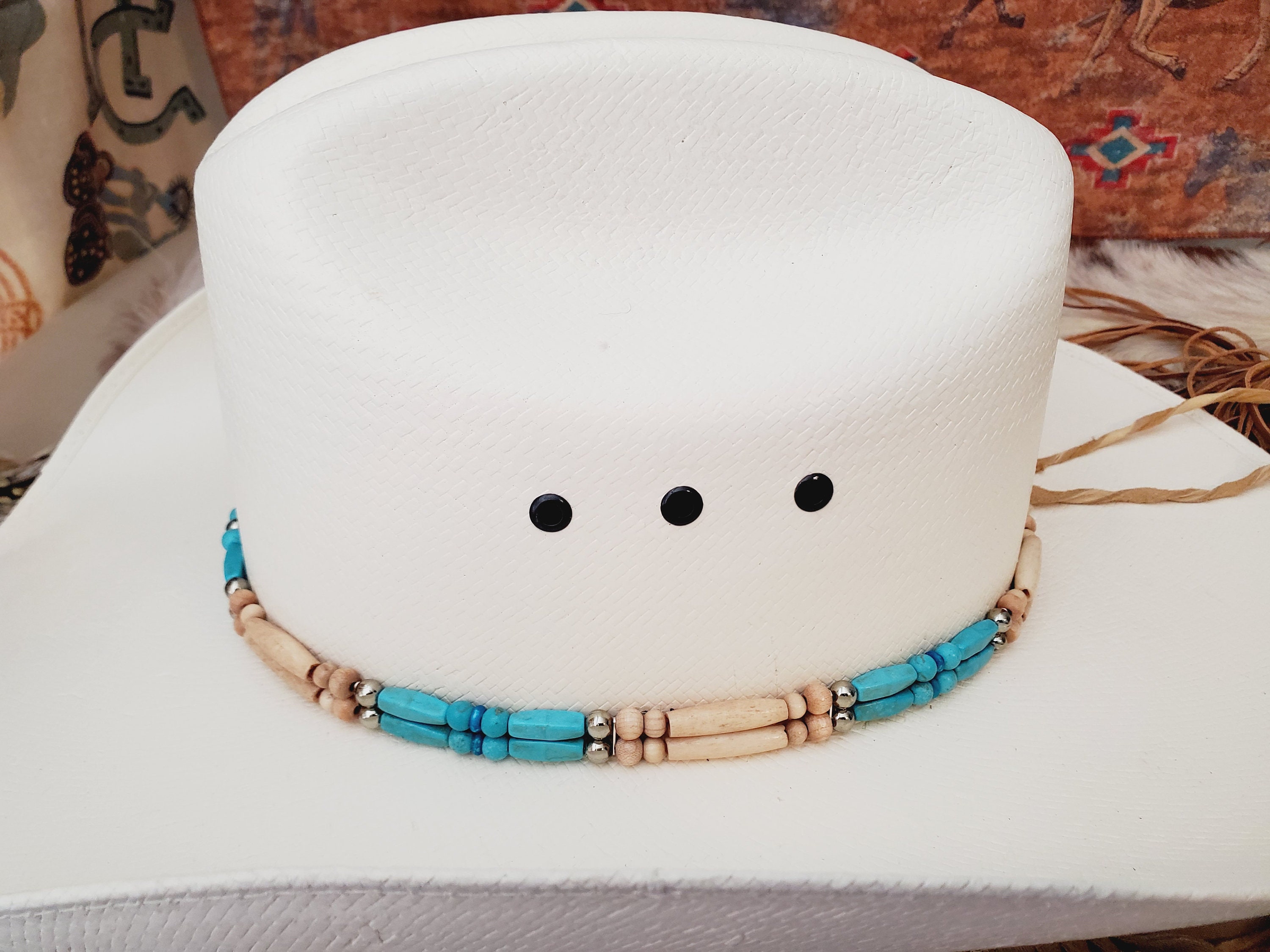 Set Di 2 Fasce Per Cappello Western In Pelle Con Bracciale Abbinato - Design Turchese Con Foglia Metallica Per Cowboy E Cowgirl - 2