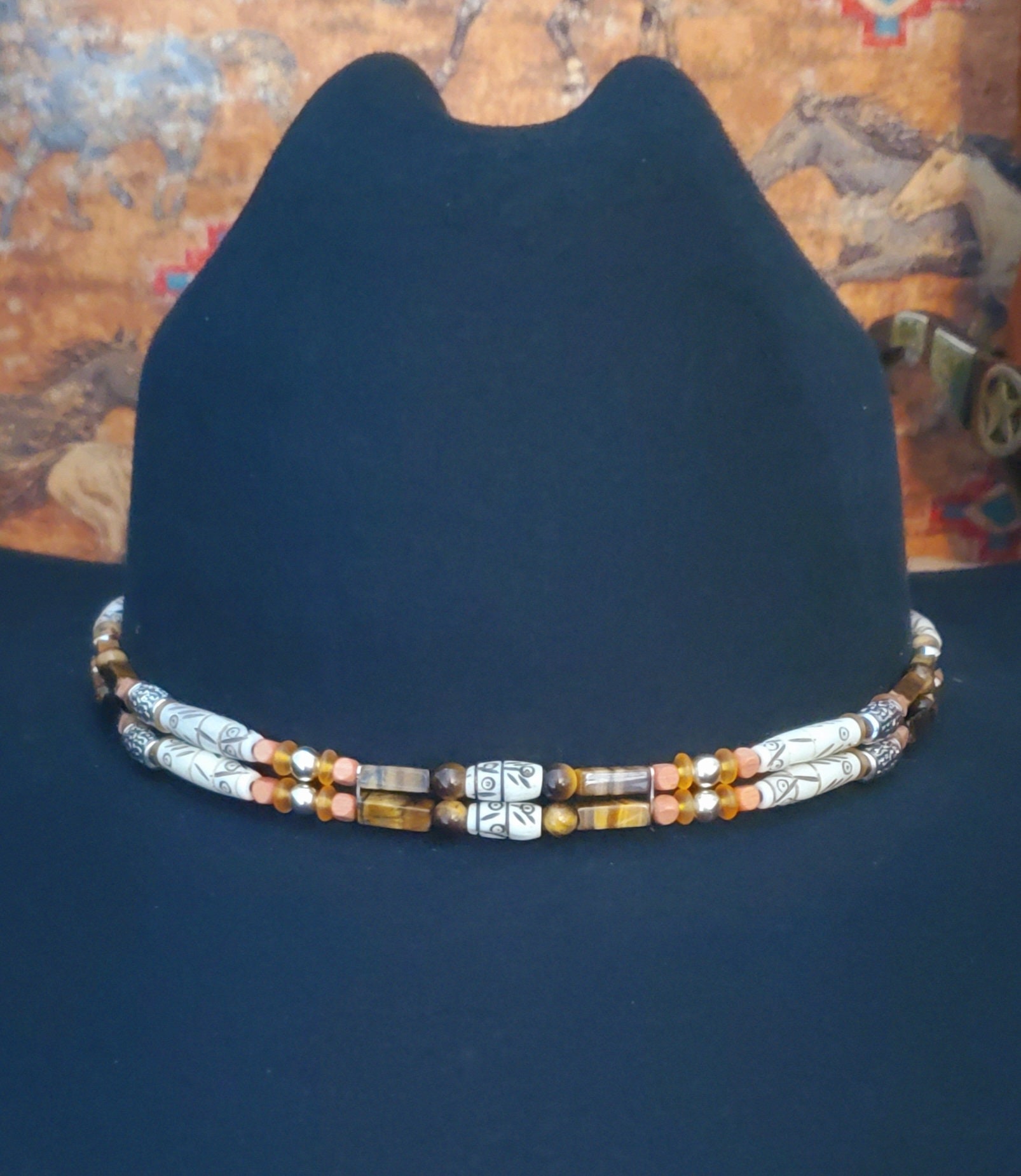 5568 Hat Band Tiger Eye Gemstone Plated Silver Charm Western Jewelry Accessory Hat Band With Bone Beads, Tiger main image 2