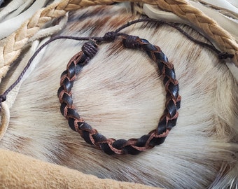 Rope Braided Leather Bracelet.  Adjustable Braided Cowhide Leather Bracelet  from 6-8 inches with knot closure, brown