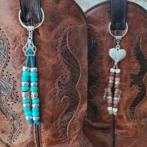 Boot Topper Bling - Silver Heart or Paw Print with Beads and Charm - Boot Topper with Paw Prints, Handmade, Turquoise or Natural Suede Lace