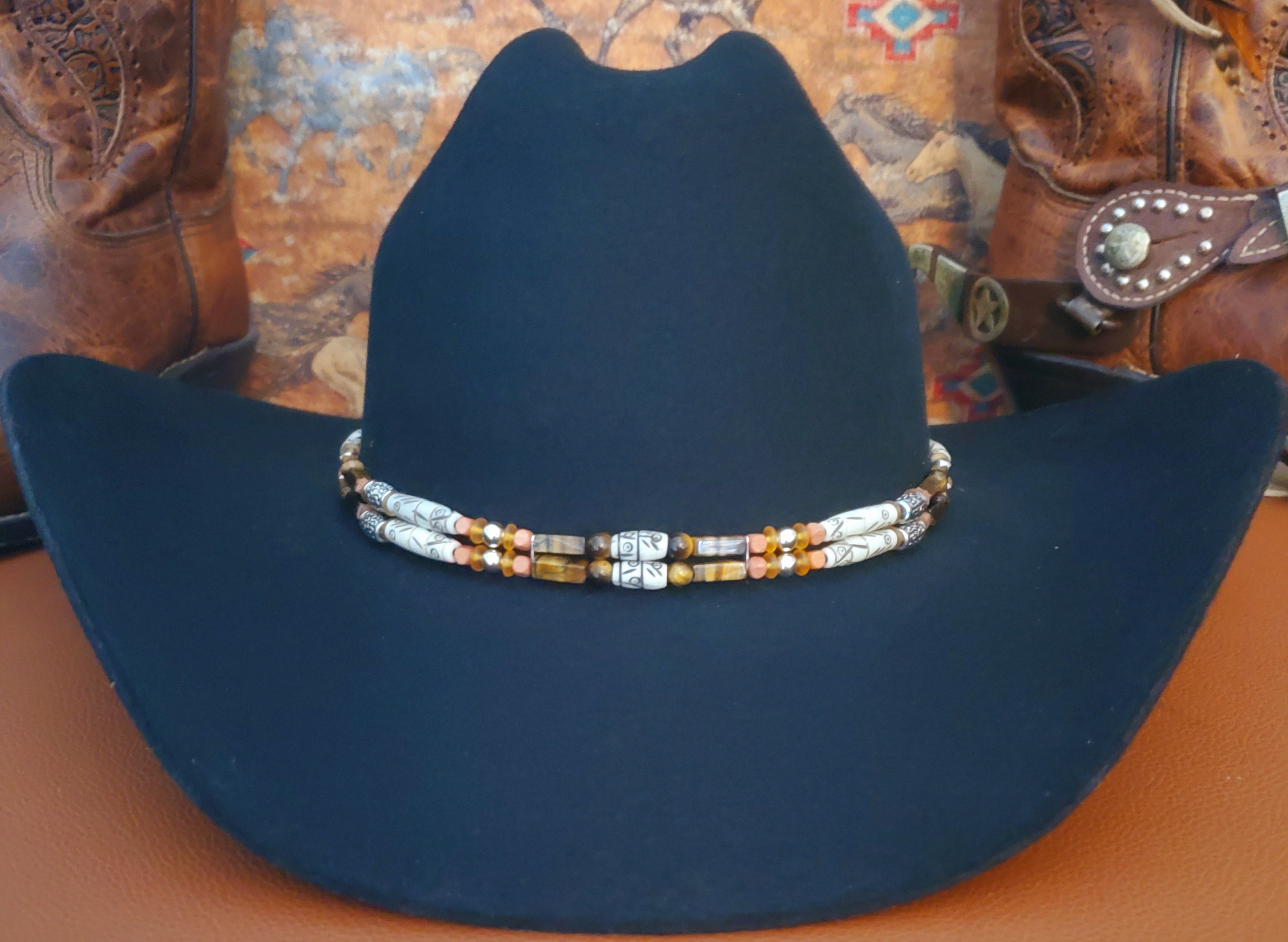 7522 Authentic Western Hat Band Hairpipe Bone Tiger Eye And Onyx Beads 58706FE5-711F-4215-9B7A-  main image 2