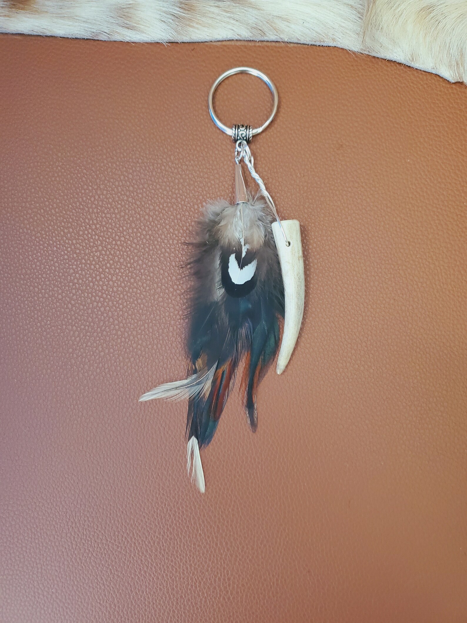 Keychain With Deer Horn Antler Tip and Feathers, Handmade Keyring ...
