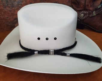 Horse hair braided tassel hat band that can be made with your horse's hair as a keepsake or ours.  Stainless Steel / Sterling Silver Hatband