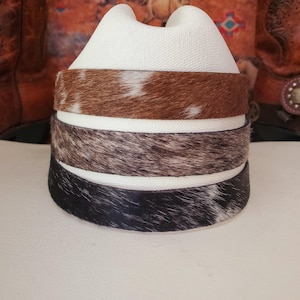 Cowhide Leather Hat Band - 3 colors, 1&quot; Cowhide with hair, Adjustable with Concho Hook, Western Cowboy Hatband
