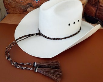 Horsehair Hat Band - 7 colors, 2 Horse Hair Tassels, Adjustable Braided Cowboy Hat Band Black, Brown, Turquoise, White, Grey